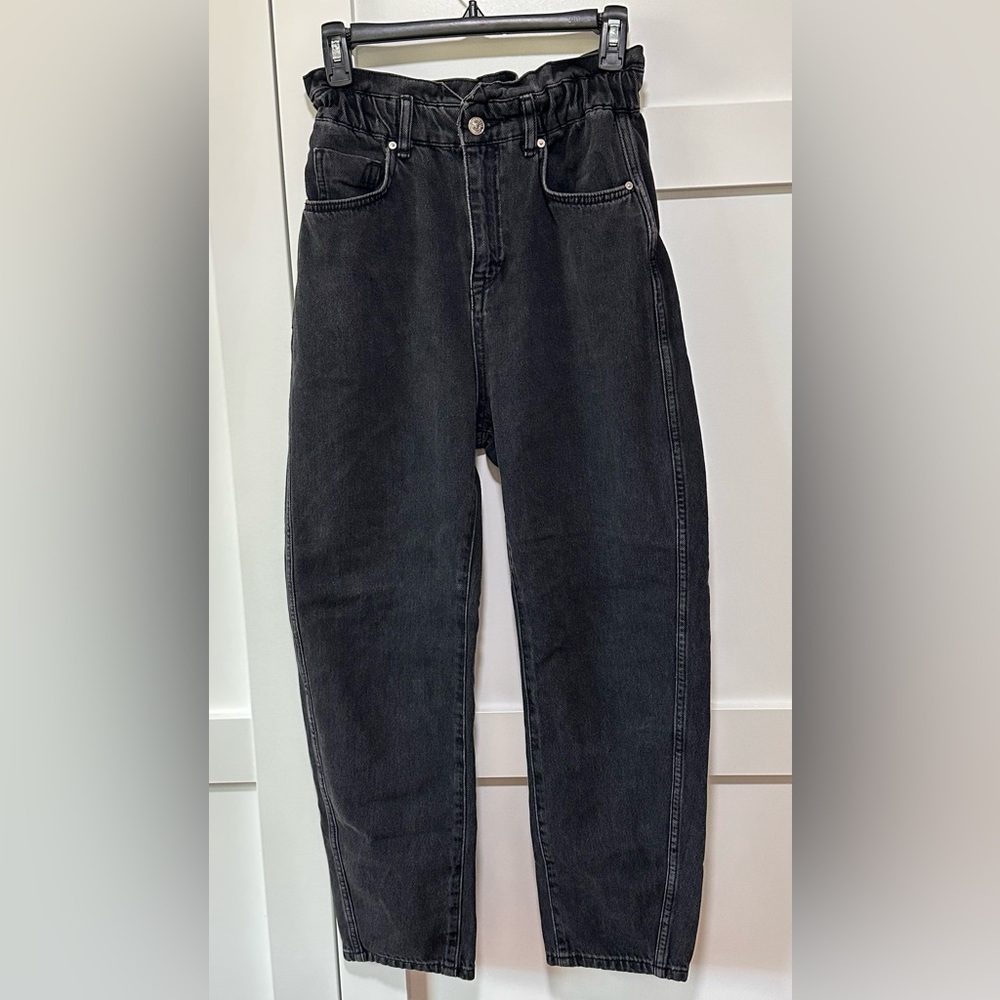Mango MNG Paperbag Waist Black Jeans Womens Size 4 High Rise Tapered Denim